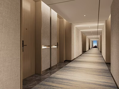 Spacious Modern Hotel Corridor With Wooden Doors Light Textured Walls Neutral Carpet And Soft Lighting 3d model