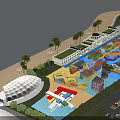 Beachfront Amusement Park With Palm Trees Colorful Rides Buildings Water Pools And Scenic Ocean View