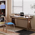 Modern Wooden Desk With Laptop Lamp Vase Blue Chair And Window Blinds