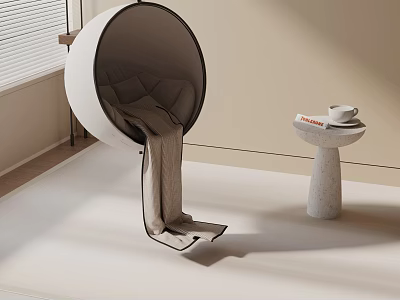 Cozy Round Padded Accent Chair With Throw Blanket Side Table Coffee Mug And Magazine 3d model