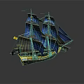 Vintage Sailing Ship Model With Blue Sails Black Hull And Yellow Accents