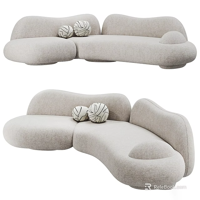 Modern Light Gray Boucle Curved Comfortable Multi Seater Sofa With Unique Spherical Decorative Cushions 3d model 