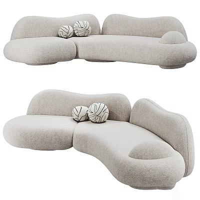 Modern Light Gray Boucle Curved Comfortable Multi Seater Sofa With Unique Spherical Decorative Cushions 3d model