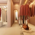 Elegant Clothing Store Display Area With Staircase Mannequin Floor-to-Ceiling Window Sofa Clothing Racks And Shoes