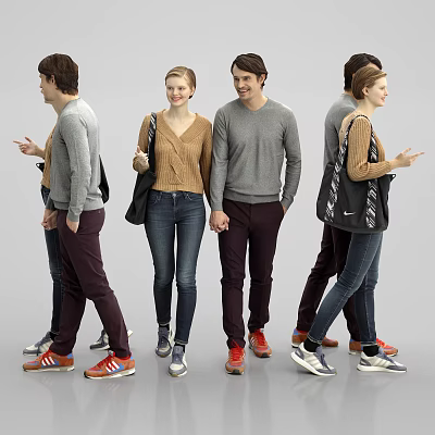 Man In Grey Sweater Dark Pants And Red Sneakers Standing With People In Casual Clothing 3d model