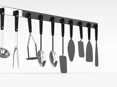 Metal Kitchen Utensil Storage Rack With Black Handles Hanging Spoons Forks And Spatulas 3d model