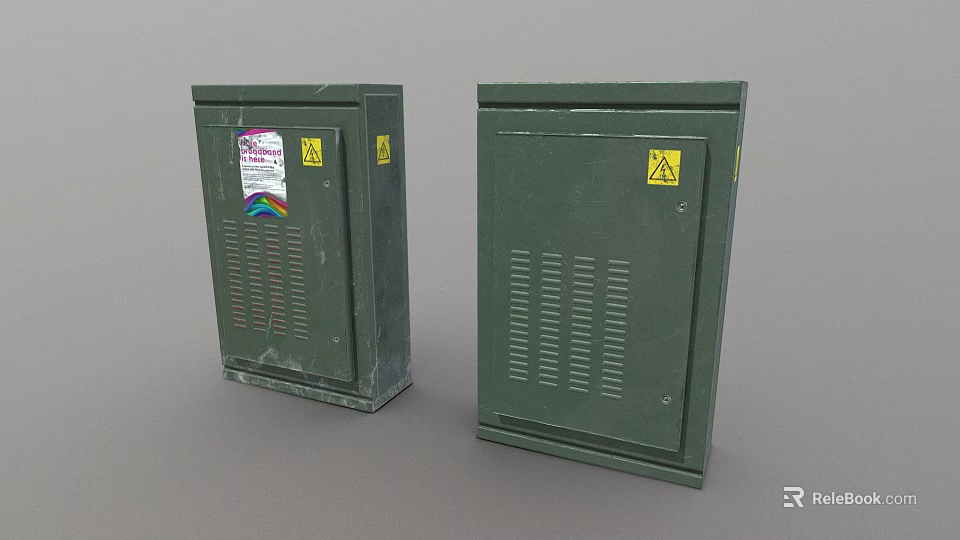 Two Green Metal Electrical Cabinets With Warning Signs And Colored Sticker 3d model 