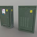 Two Green Metal Electrical Cabinets With Warning Signs And Colored Sticker