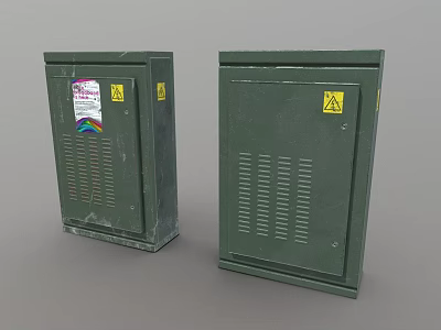 Two Green Metal Electrical Cabinets With Warning Signs And Colored Sticker 3d model