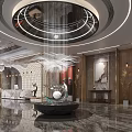 Elegant Modern Hotel Lobby With Round Chandelier Marble Walls Water Feature Glass Wall And Greenery