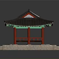 Traditional Chinese Pavilion With Red Pillars And Black Tiled Roof On Stone Platform