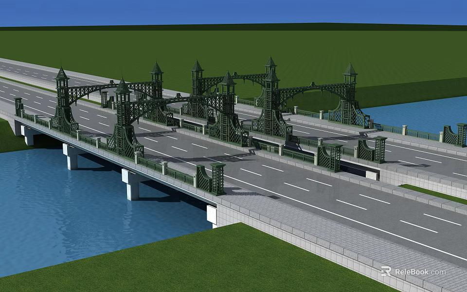 Ornamental Bridge With Decorative Structures Road Lanes Spanning Water Green Grass And Blue Sky 3d model 