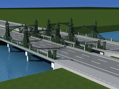 Ornamental Bridge With Decorative Structures Road Lanes Spanning Water Green Grass And Blue Sky 3d model
