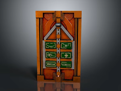 Intricate Wooden Sculpture Carving With Orange Brown Frame Green Panels And Symmetric Design 3d model