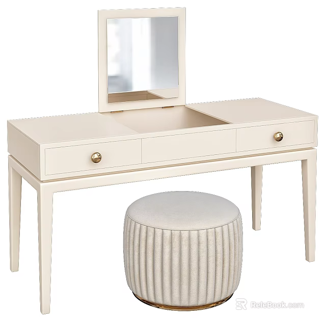 Light Beige Dressing Table With Drawers Gold Knobs Mirror And Ribbed Stool 3d model