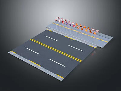 Detailed Road Model With Yellow White Lane Markings And Traffic Signs 3d model
