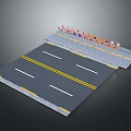 Detailed Road Model With Yellow White Lane Markings And Traffic Signs