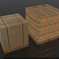 Two Stacks of Securely Stacked Cardboard Boxes on Pallets with Orange Straps