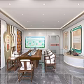 Elegant Store Front Desk With Long Table Chairs Decorative Shelves Large Screen And Window View