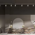 Modern Restaurant Interior Featuring Long Dining Table White Chairs Pendant Lights Arched Wall Flower Arrangements