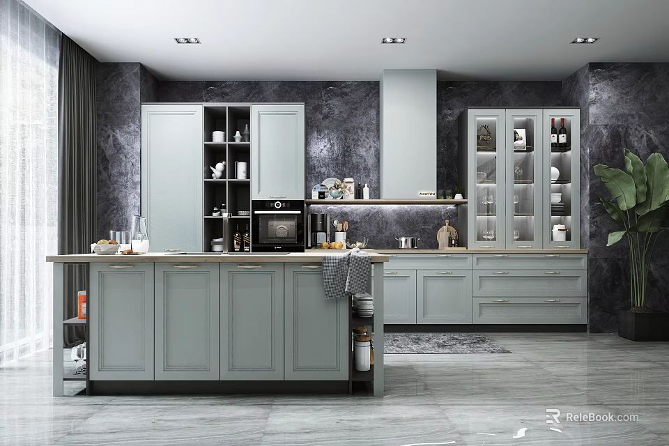 Modern Open Kitchen Interior With Gray Cabinets Glass Door And Marble Walls 3d model 