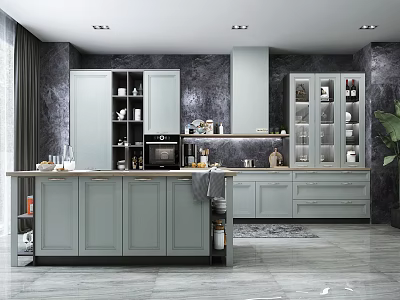 Modern Open Kitchen Interior With Gray Cabinets Glass Door And Marble Walls 3d model