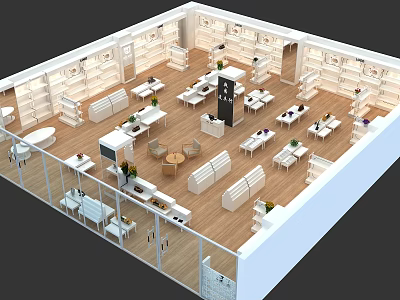 Modern Store Interior With White Shelves Wooden Flooring Tables Chairs Open Layout And Display Areas 3d model