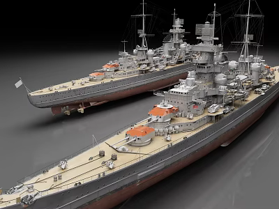 Two Detailed Battleship Models With Masts Turrets And Deck Equipment 3d model