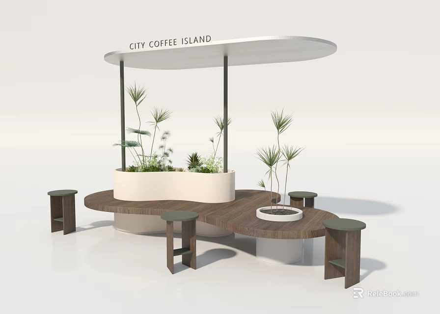 Wooden Public Chairs at City Coffee Island with White Canopy and Green Plants 3d model 