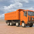 Orange Large Dump Truck Driving On Sandy Ground Under Blue Sky White Clouds