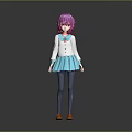 Game Movie Character with Pink Hair White Top Blue Pleated Skirt Gray Stockings Orange Shoes