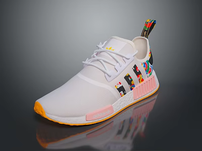 Stylish White Mesh Sneakers With Colorful Laces Orange Sole And Side Patterns 3d model