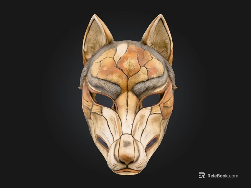 Handcrafted Wolf Mask With Intricate Carved Texture And Natural Brown Beige Tones 3d model 