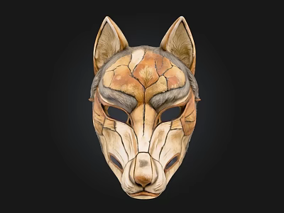 Handcrafted Wolf Mask With Intricate Carved Texture And Natural Brown Beige Tones 3d model