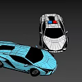 Blue Sports Car and White Police Car with Red and Blue Lights and Futuristic Design