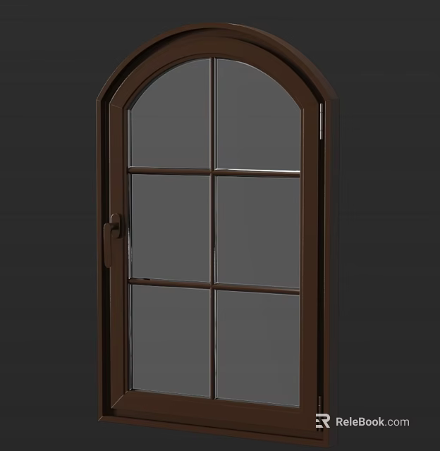 Arched Top Casement Window With Brown Frame Multi Pane Design And Handle 3d model