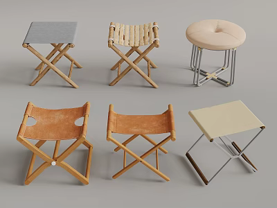 Various Design Stools With Cross Leg Folding Frames Wooden Metal And Leather Seats 3d model