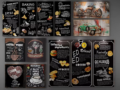 Vintage Food Themed Posters With Hand Drawn Baking Coffee And Burger Designs 3d model