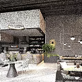 Modern Restaurant Interior With Open Kitchen Wine Rack Hanging Lights Dining Tables And Fireplace