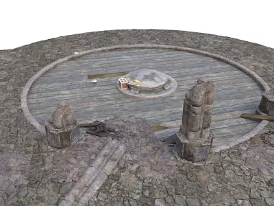 Circular Stone Paved Outdoor Area With Wooden Platform Central Stone Pit And Stone Pillars 3d model