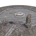 Circular Stone Paved Outdoor Area With Wooden Platform Central Stone Pit And Stone Pillars
