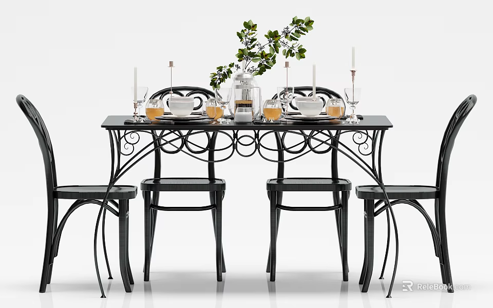 Modern Iron Dining Table Set With Chairs Flower Arrangement And Candles 3d model 