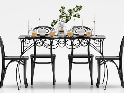 Modern Iron Dining Table Set With Chairs Flower Arrangement And Candles 3d model