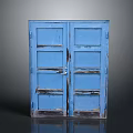 Blue Distressed Double Door Cabinet With Worn Wooden Panels And Classic Design