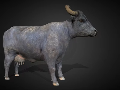 Detailed Gray Cow 3D Model Standing On Black Background With Horns 3d model