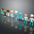 Cartoon Characters in Different Professional Outfits Standing in a Row with Gray Background and Reflection