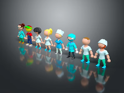 Cartoon Characters in Different Professional Outfits Standing in a Row with Gray Background and Reflection 3d model