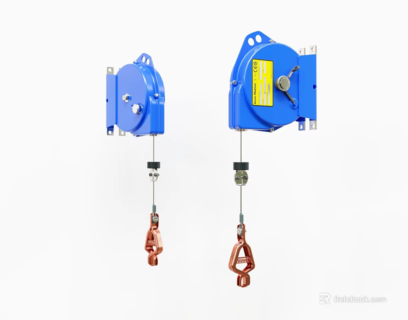 Dual Blue Industrial Safety Devices With Yellow Labels And Metal Hooks 3d model 