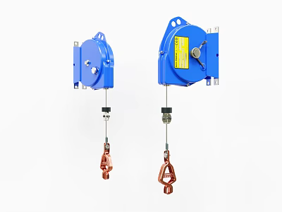 Dual Blue Industrial Safety Devices With Yellow Labels And Metal Hooks 3d model