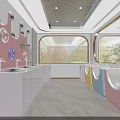 Swimming Pool Interior With Pink Walls Circular Decorations White Washbasins Large Windows And Trees Outside